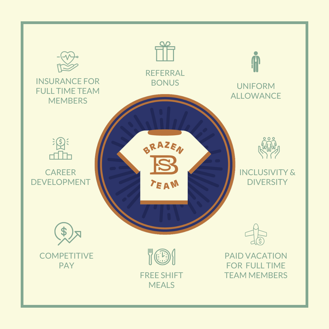Join the Brazen Hospitality Team, we are hiring and offer career development, competitive pay, free shift meals, and employee benefits