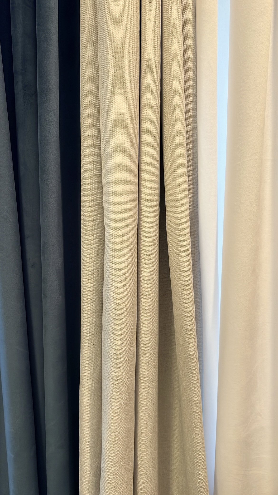 close up of three kinds of curtain panels