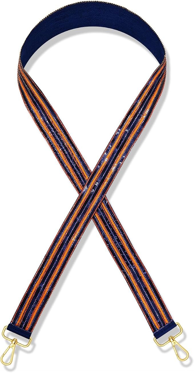 Navy and orange woven purse strap with gold clips