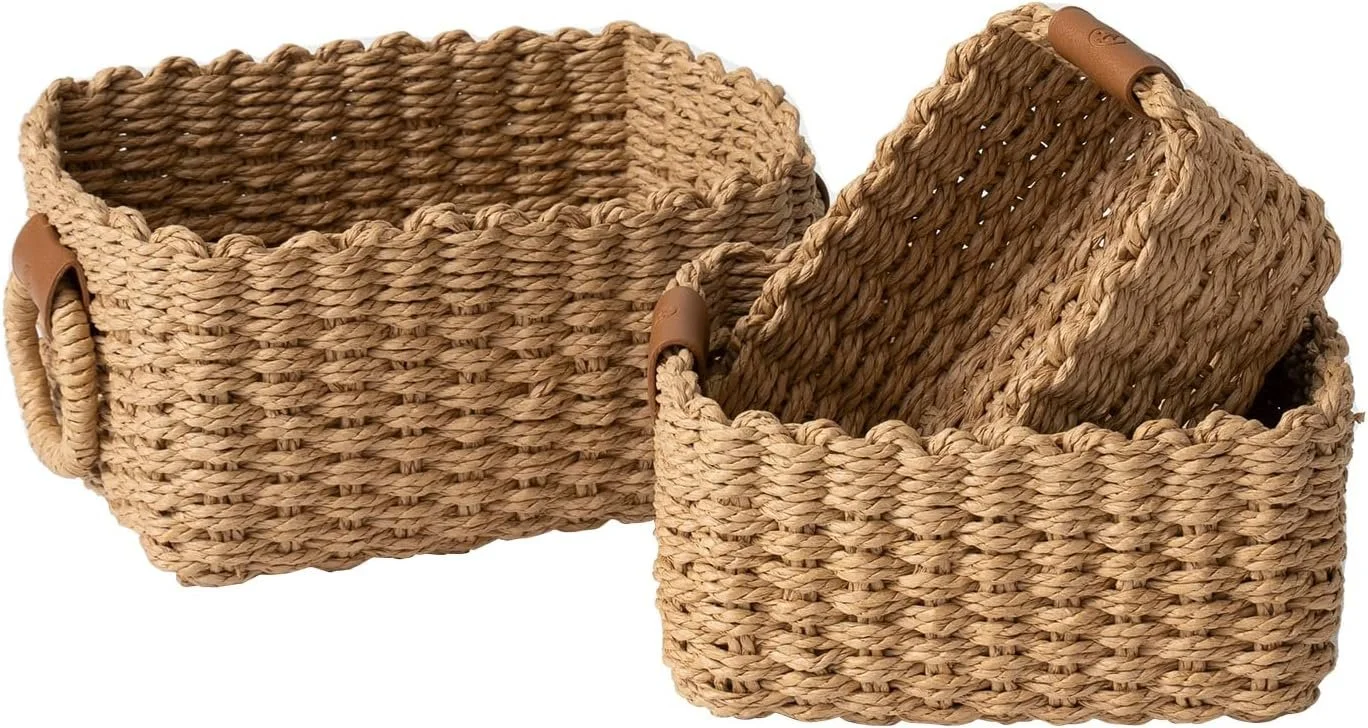 Nesting woven seagrass storage baskets with handles