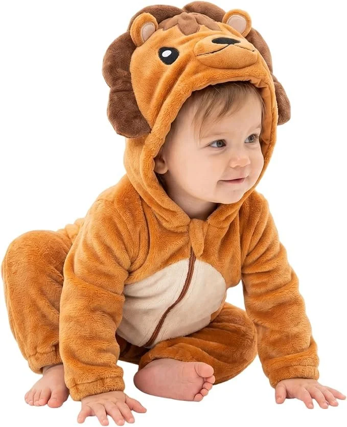 Baby wearing a hooded lion costume romper