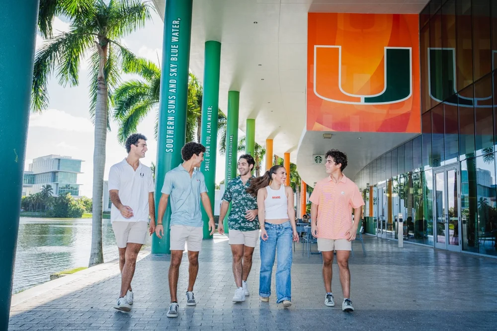 University of Miami Business School students walking together on campus