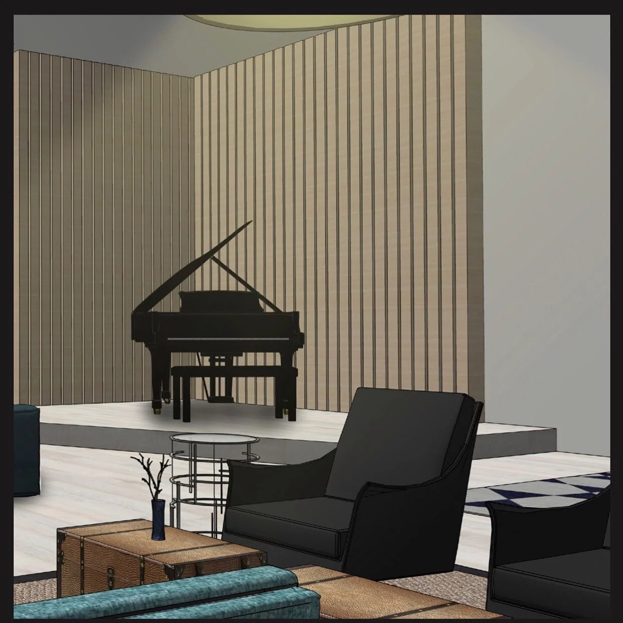 ISLINGTON RESIDENTIAL. Prior to the design the client had mentioned a love of piano. A raised platform surrounded by acoustic wall panels is devoted to her hobby.

Boss Centro Studi chair by Flexform