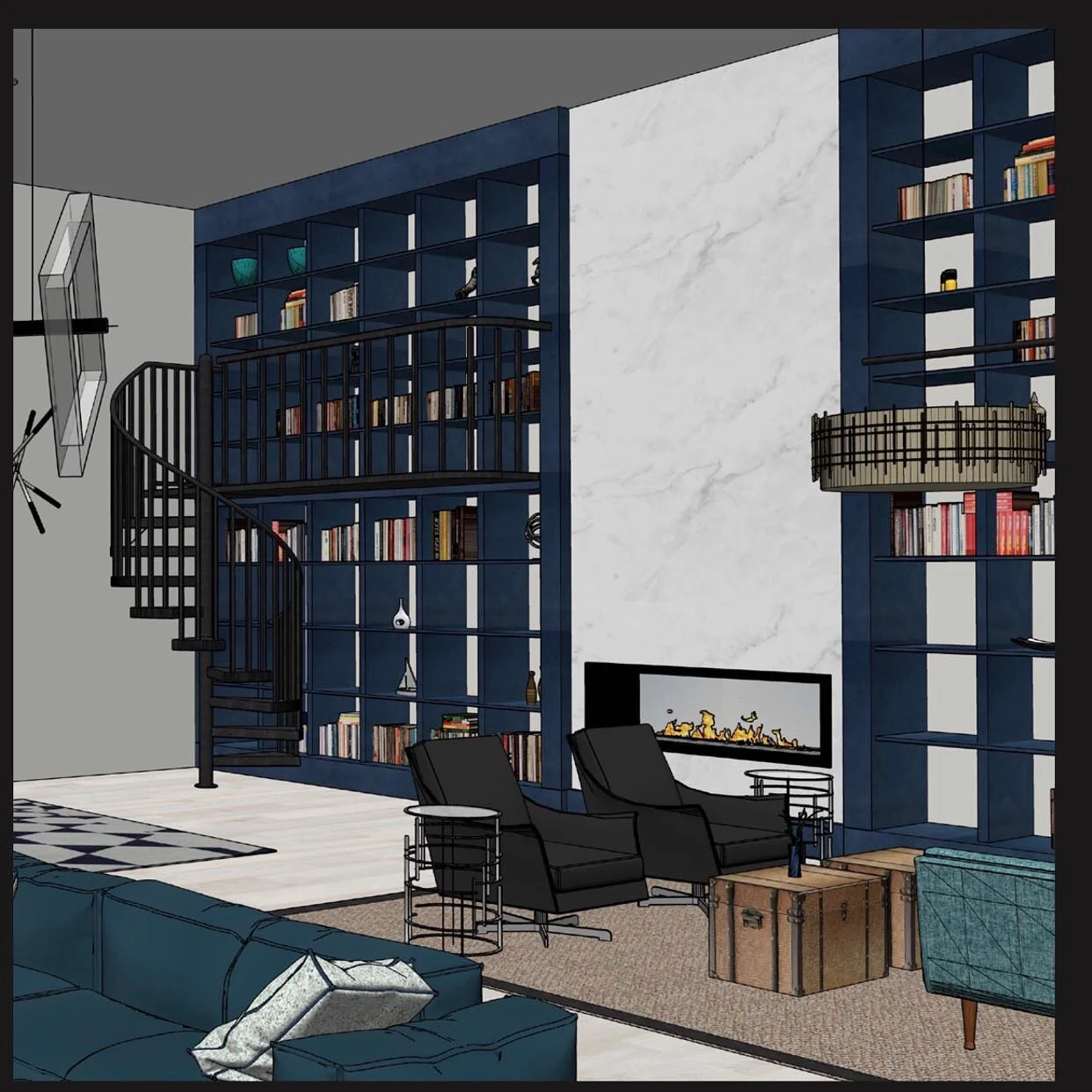 ISLINGTON RESIDENTIAL. An impressive floor to ceiling library, accessed via spiral staircase on one side and library ladder on the other, frames a glass fronted fireplace with marble chimney breast within this generous double height space.

Rug by Am