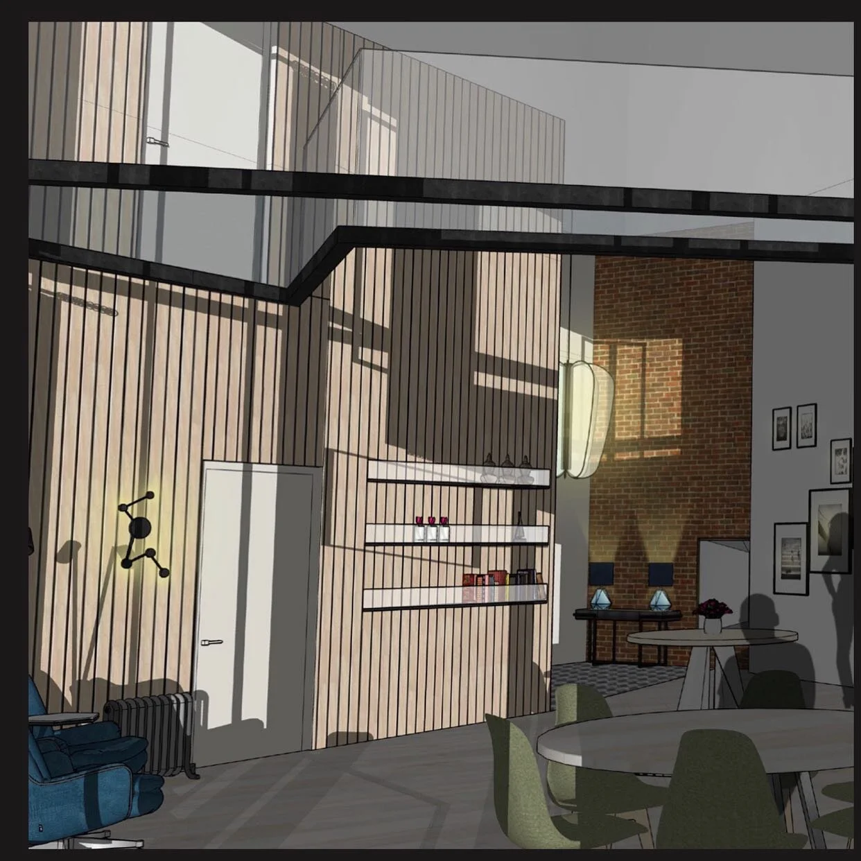 ISLINGTON RESIDENTIAL. Slatted wood cladding is used internally bringing texture and a natural element to the scheme alongside exposed brick walls to reference the housing stock and history of the local Islington area.  Porta Romana wall lights and N