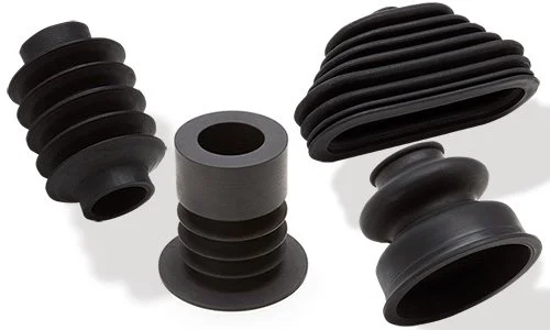 Rubber bellows and gaskets with accordion-like folds in various shapes and sizes.