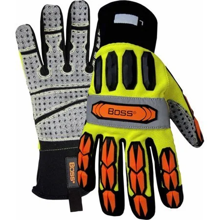 Pair of high-visibility work gloves with orange and black accents, featuring padding and grip enhancements, labeled "Boss."