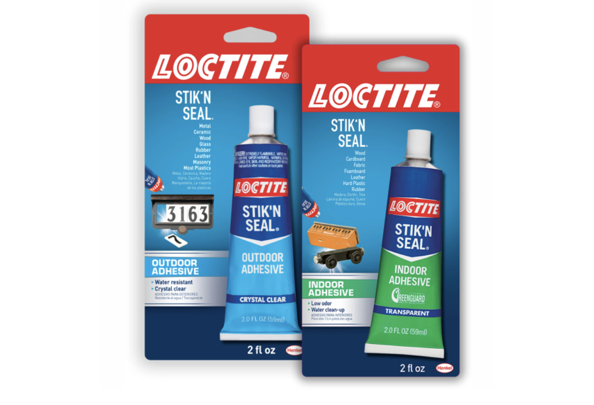 Two packages of Loctite Stik'N Seal adhesive, one for outdoor use and one for indoor use, in 2 fl oz tubes.