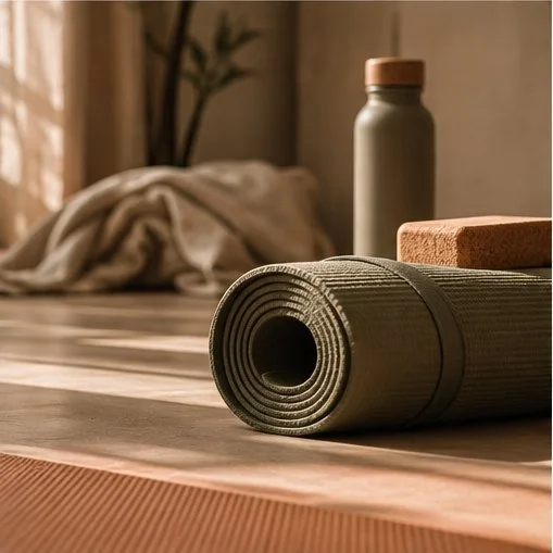 Renforcement musculaire à la ménopause : tapis et brique de yoga