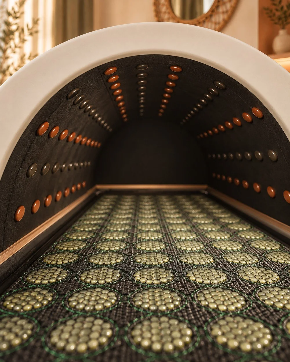 Intérieur du Sauna Dôme infrarouge et son tapis de pierres minérales