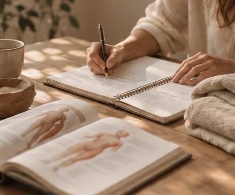 Stagiaire de L’Académie du Drainage prenant des notes à côté d’un livre d’anatomie, formation à Grasse