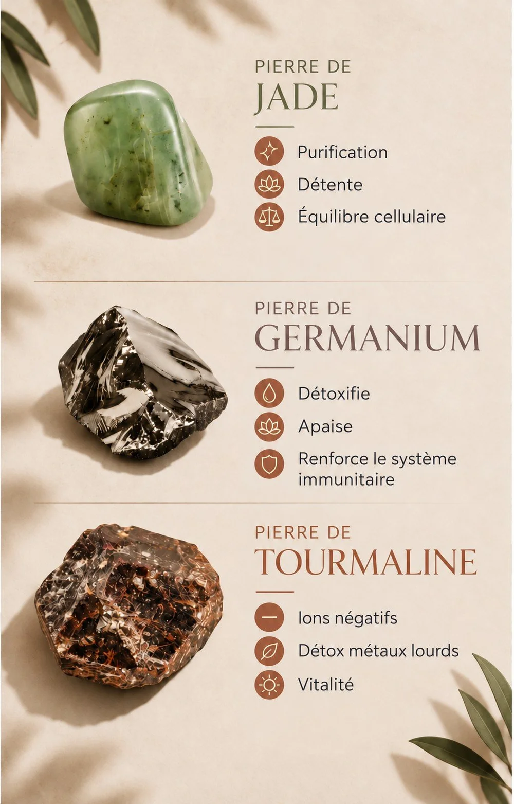 Les trois pierres du Sauna Dôme et leurs vertus en lithothérapie : jade, germanium et tourmaline