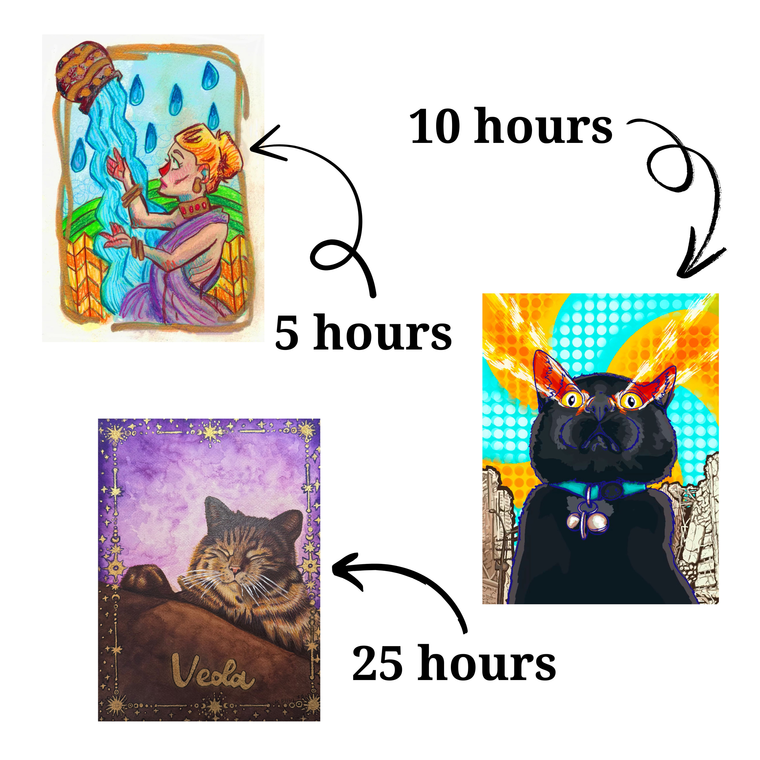 An illustration of a cycle with three images showing the aging process of a cat over time.