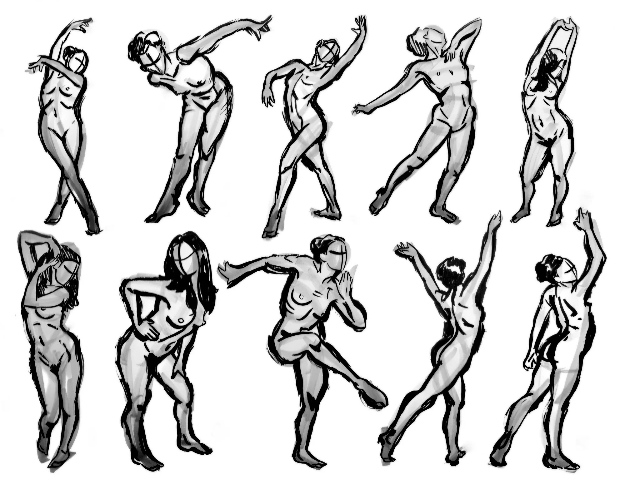 “10 Poses.” Ink on paper. 2025.