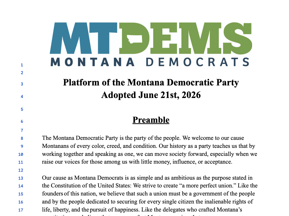 Cover page of a political document titled 'MT DEMS Montana Democrats,' adopted on June 8th, 2024, featuring a table of contents with various policy topics listed.