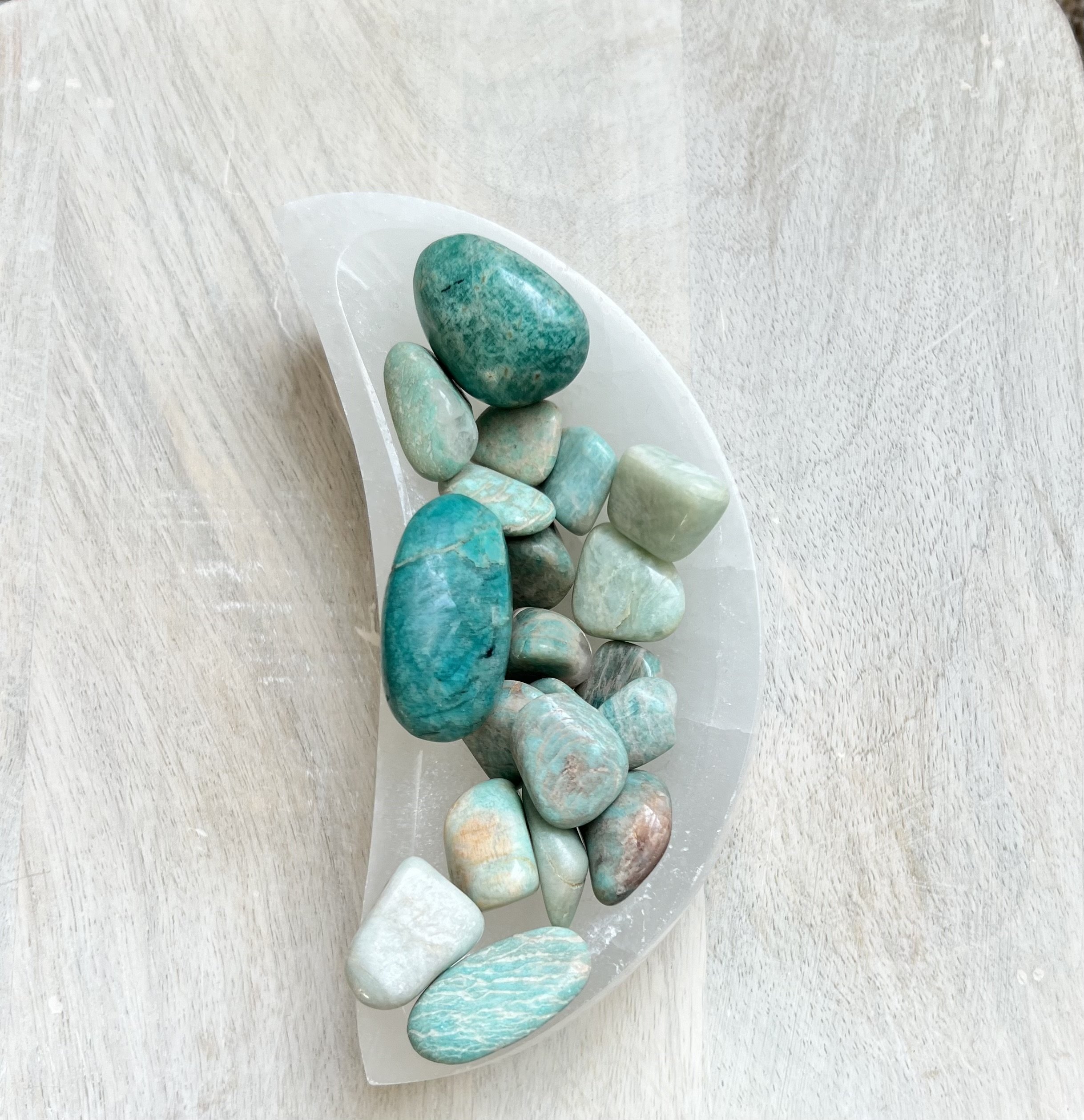 Selenite Moon Dish with Amazonite Stones