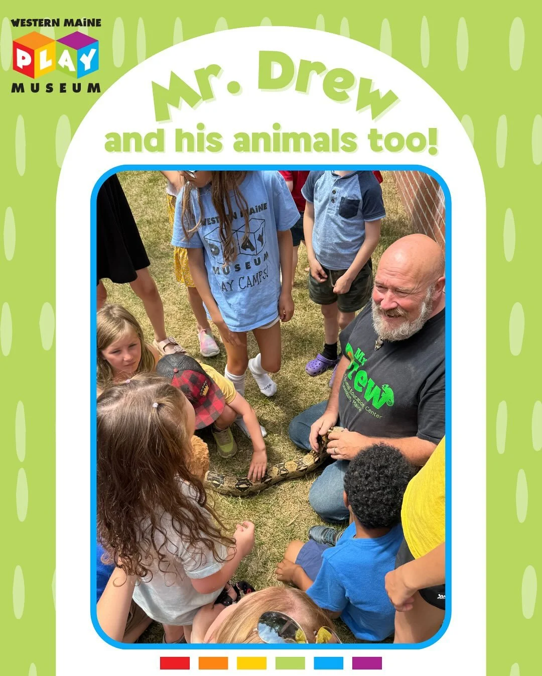 🐢🦎 What a wild time we had with Mr. Drew and His Animals Too at the Western Maine Play Museum on 6/27! 🕷️🐍
From snakes to lizards to turtles (oh my!), Mr. Drew brought the creepy, crawly, scaly fun and kept kiddos and grownups completely captivat