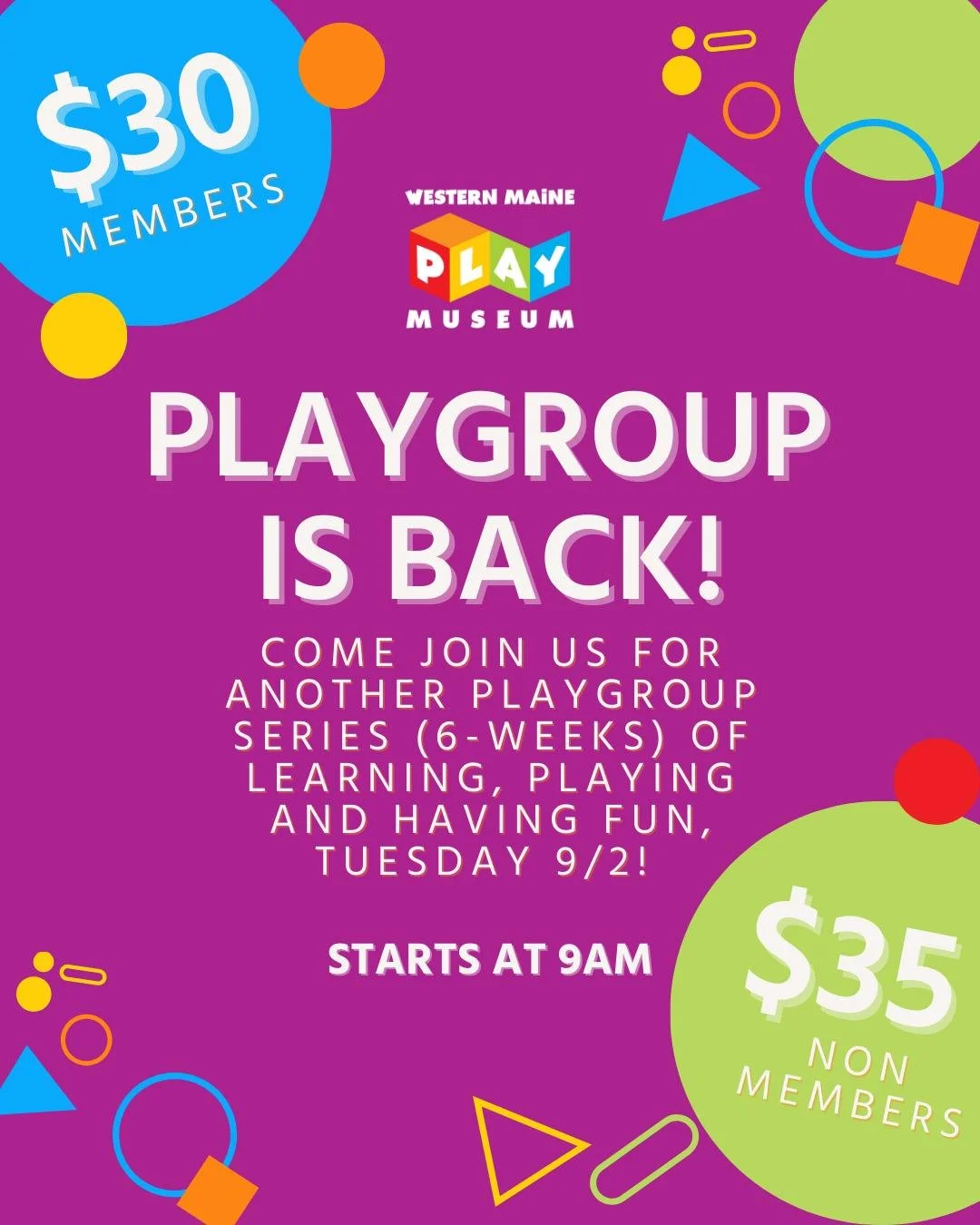 BIG NEWS!! 🎉
Playgroup with Ms. Sandie is BACK! Starting Tuesday 9/2, continuing for 6 weeks until 10/7! 

 📆 Every Tuesday @ 9am! 
🔹 $30 per child for members for the 6-weeks
🔹 $35 per child for non-members for the 6-weeks
🔹 Individual sessions