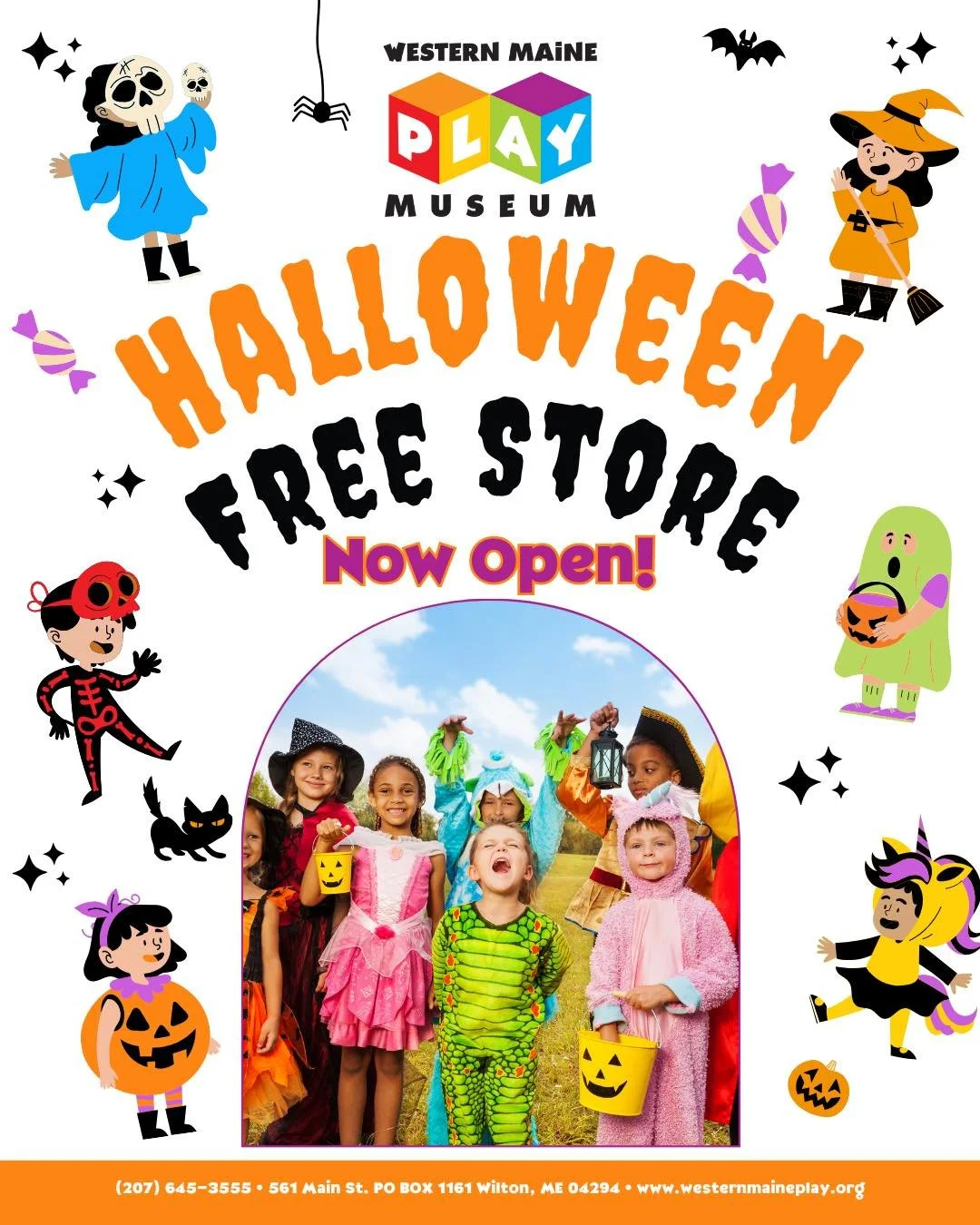 🎃👻 Halloween Free Store is OPEN at the Western Maine Play Museum! 👻🎃
Now through Halloween, come browse our collection of costumes for kids and families&mdash;FREE! 🧙&zwj;♀️🧛&zwj;♂️ 

Whether you&rsquo;re looking to pick out a costume or donate