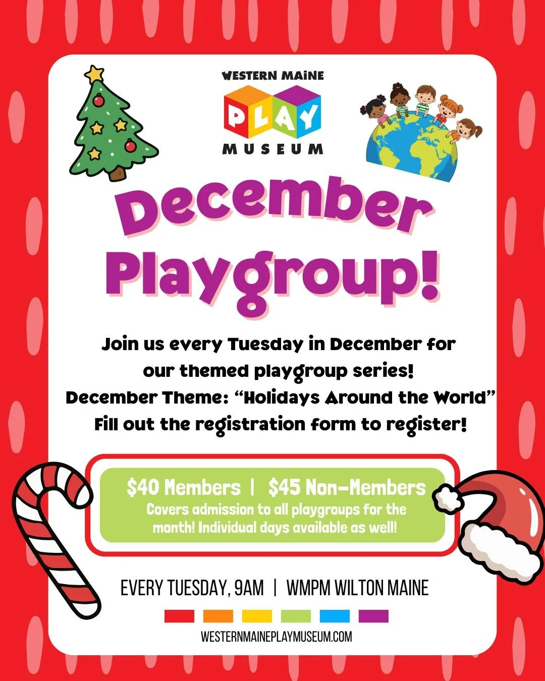 🎉 December Playgroups at the Western Maine Play Museum! 🎄🎅🏼
Starting TOMORROW, join us every Tuesday at 9 AM from December 2nd through December 30th for a month full of fun, learning, and holiday cheer! This December, our theme is &quot;Holidays 