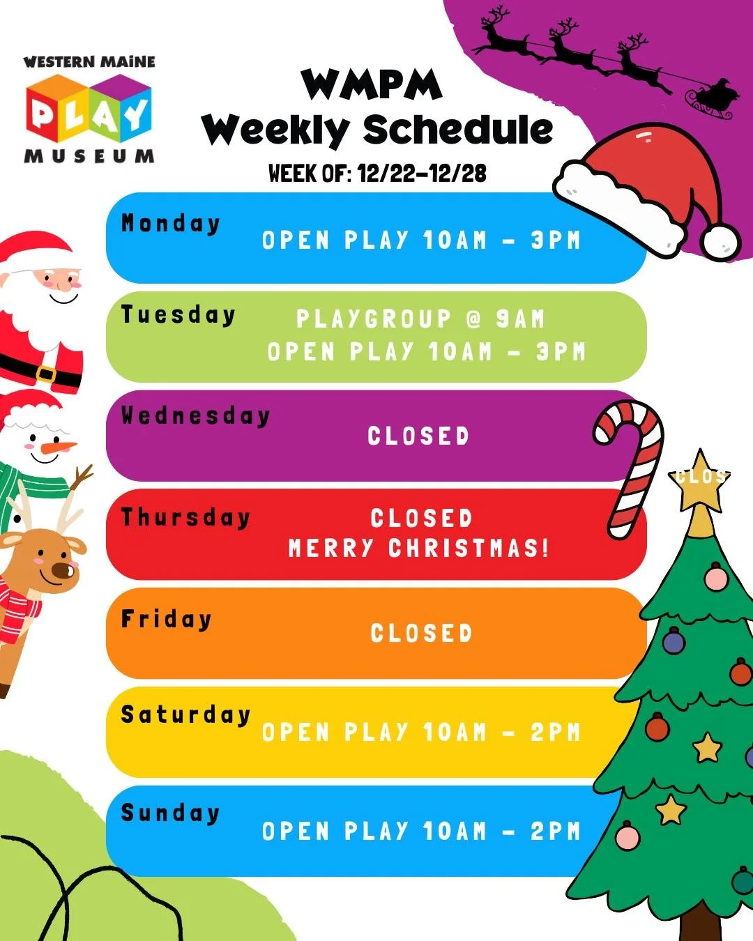 Christmas Week Schedule at WMPM! 🎅🏼🎄🎉
We added Monday as an open play day where we are closed for Christmas Eve, Christmas and the day after to allow our staff time to spend the holiday with their families! 

✨Don&rsquo;t forget, give the gift of