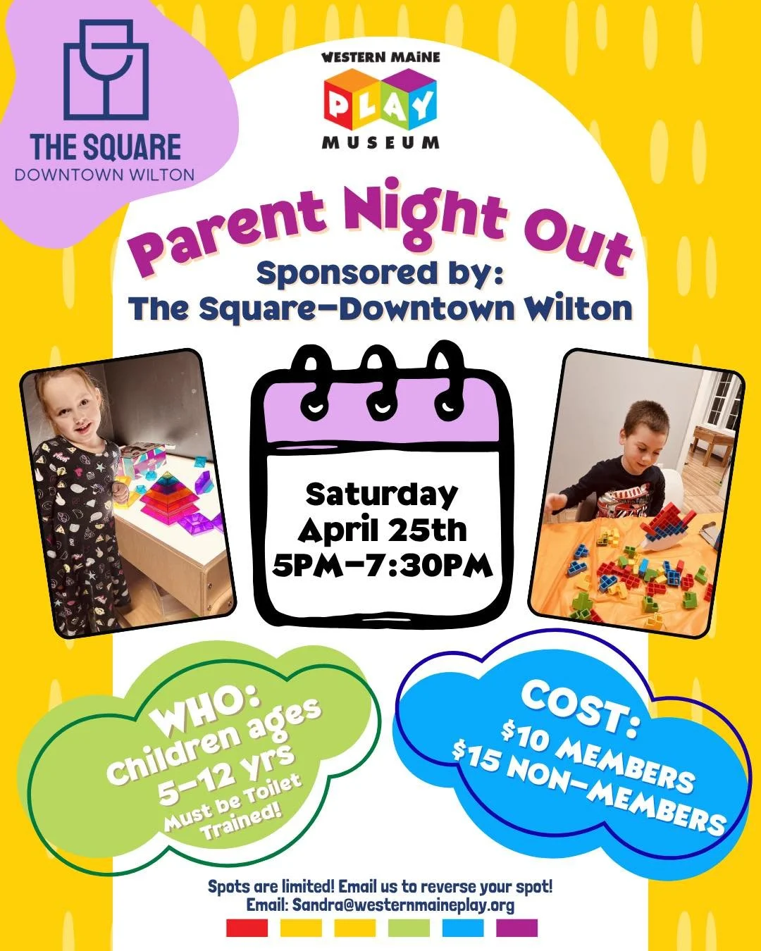 April Parent Night Out is THIS Saturday, 5-7:30! 💙✨
Parents, enjoy a well-deserved evening out! While your kids play and explore at the museum, you can head over to The Square-Downtown Wilton for dinner and live music! (Dinner not included in event 
