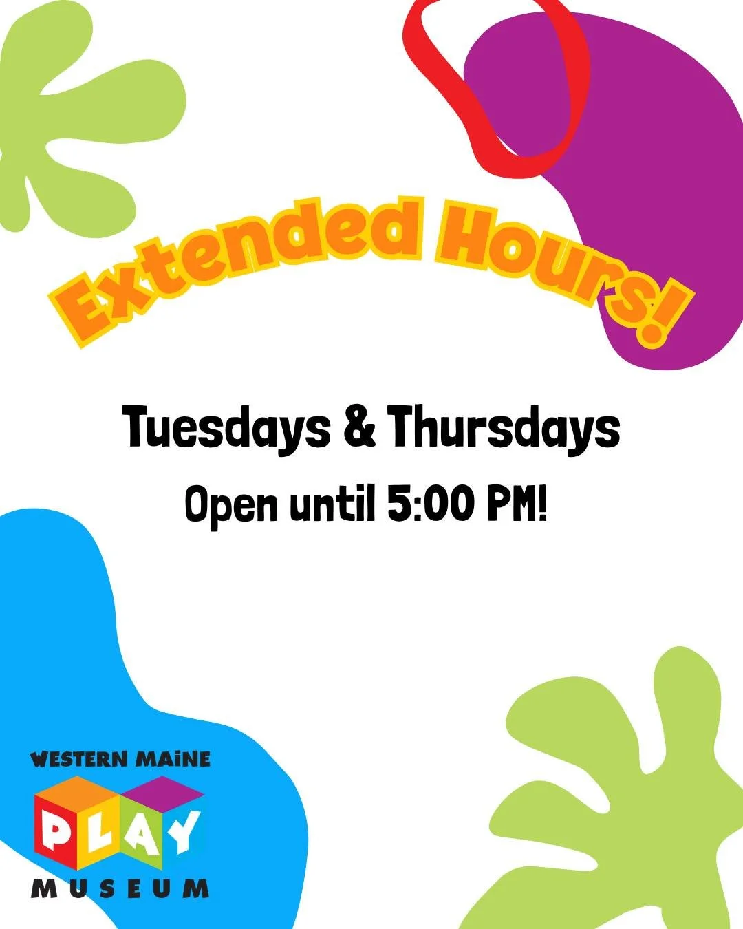 🎉 BIG NEWS ANNOUCEMENT! 🎉
The museum is now extending their hours until 5:00 PM on Tuesdays &amp; Thursdays &mdash; making it an amazing opportunity for older kiddos and families looking for after-school fun and enrichment! 🙌✨

Even more exciting&