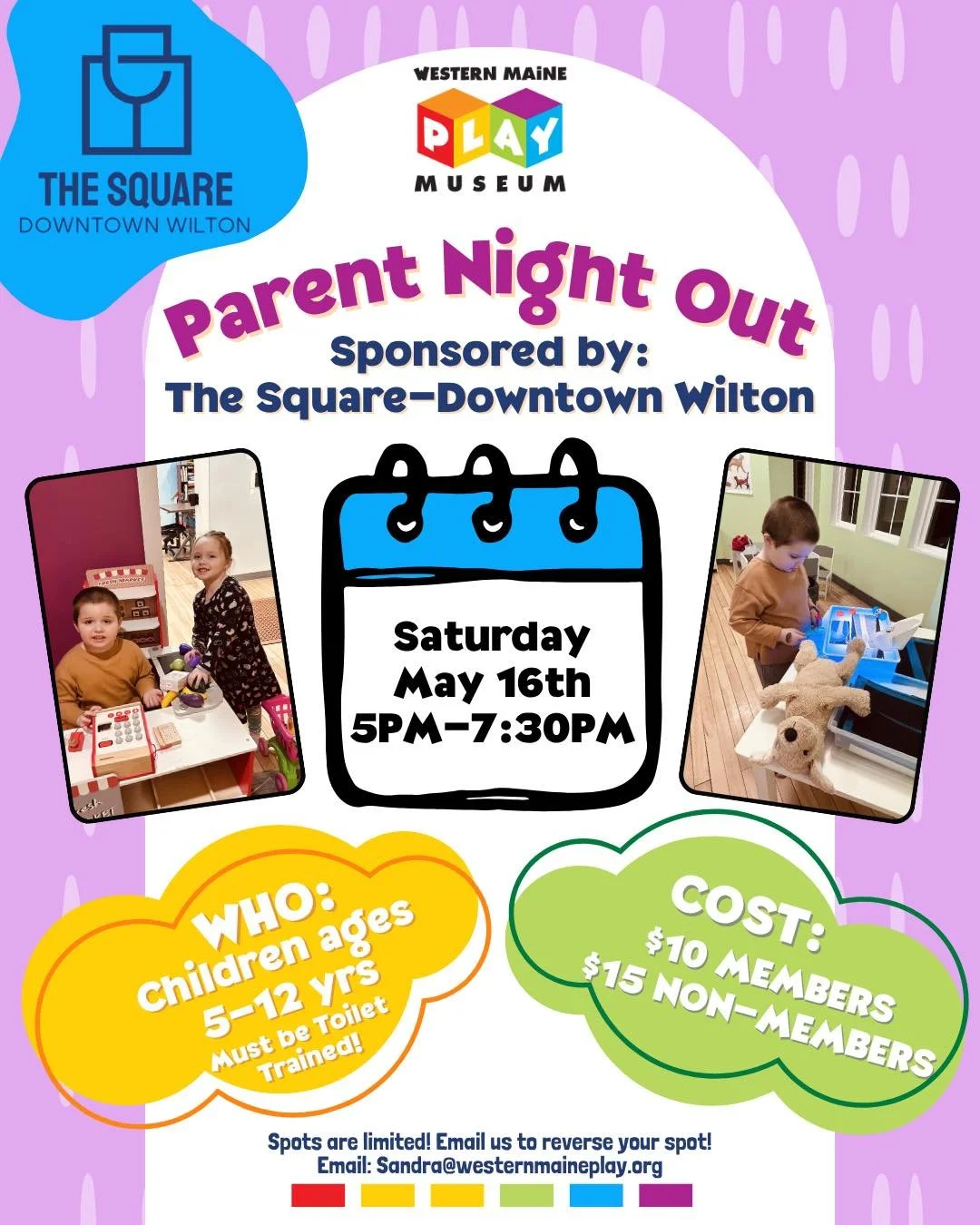 May Parent Night Out is THIS Saturday, 5-7:30! 💙✨
Parents, enjoy a well-deserved evening out! While your kids play and explore at the museum, you can head over to The Square-Downtown Wilton for dinner and live music! (Dinner not included in event fe