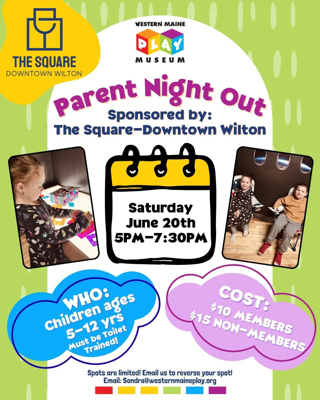 June Parent Night Out; 6/20! 💙✨
Parents, enjoy a well-deserved evening out! While your kids play and explore at the museum, you can head over to The Square-Downtown Wilton  for dinner and live music! (Dinner not included in event fee!) 

🥳Childcare