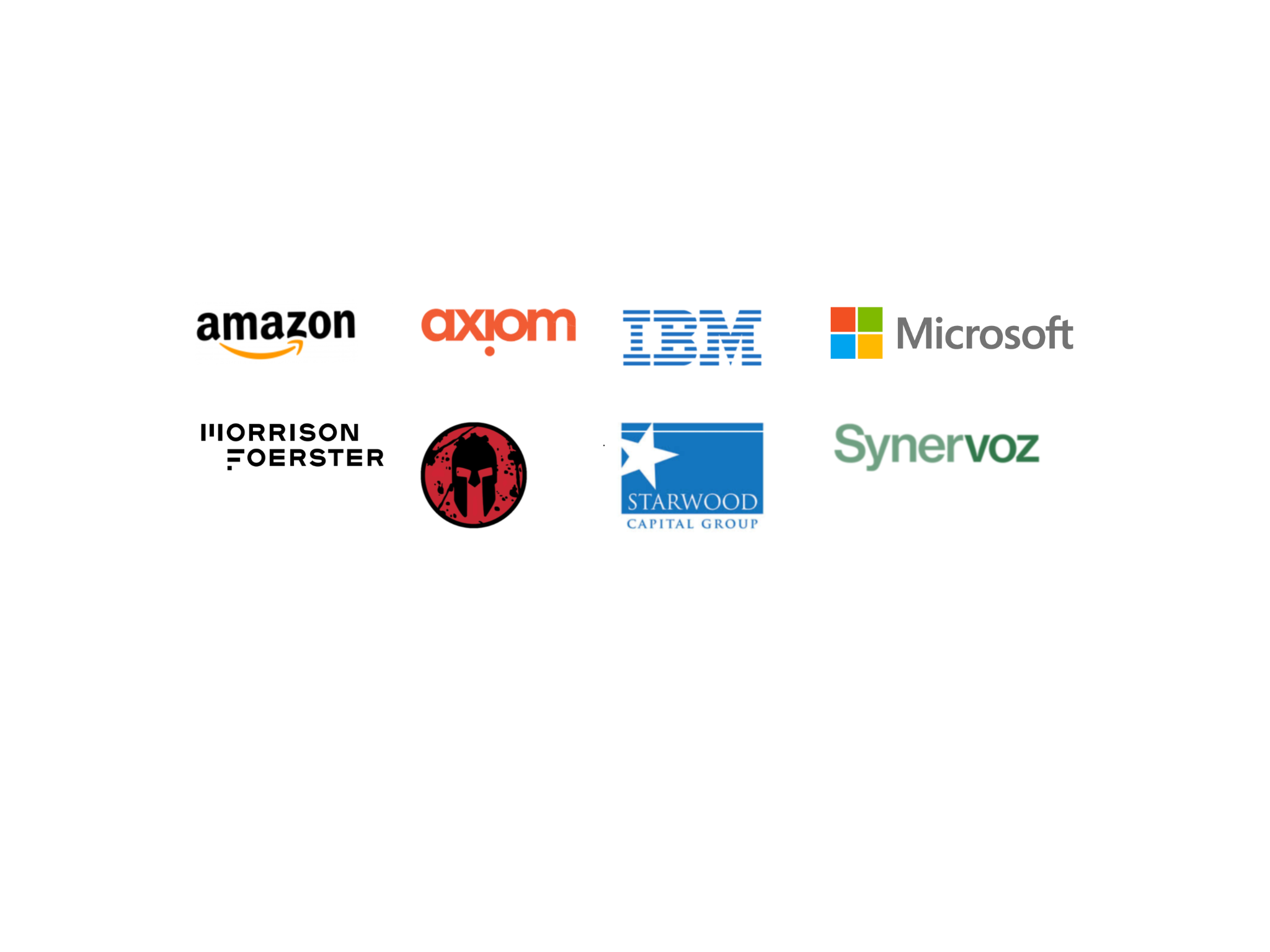 Logos of representative companies I've worked with, such Amazon, Axiom, IBM, Microsoft, Morrison Foerster, Spartan, Starwood Capital Group, and Synevoz