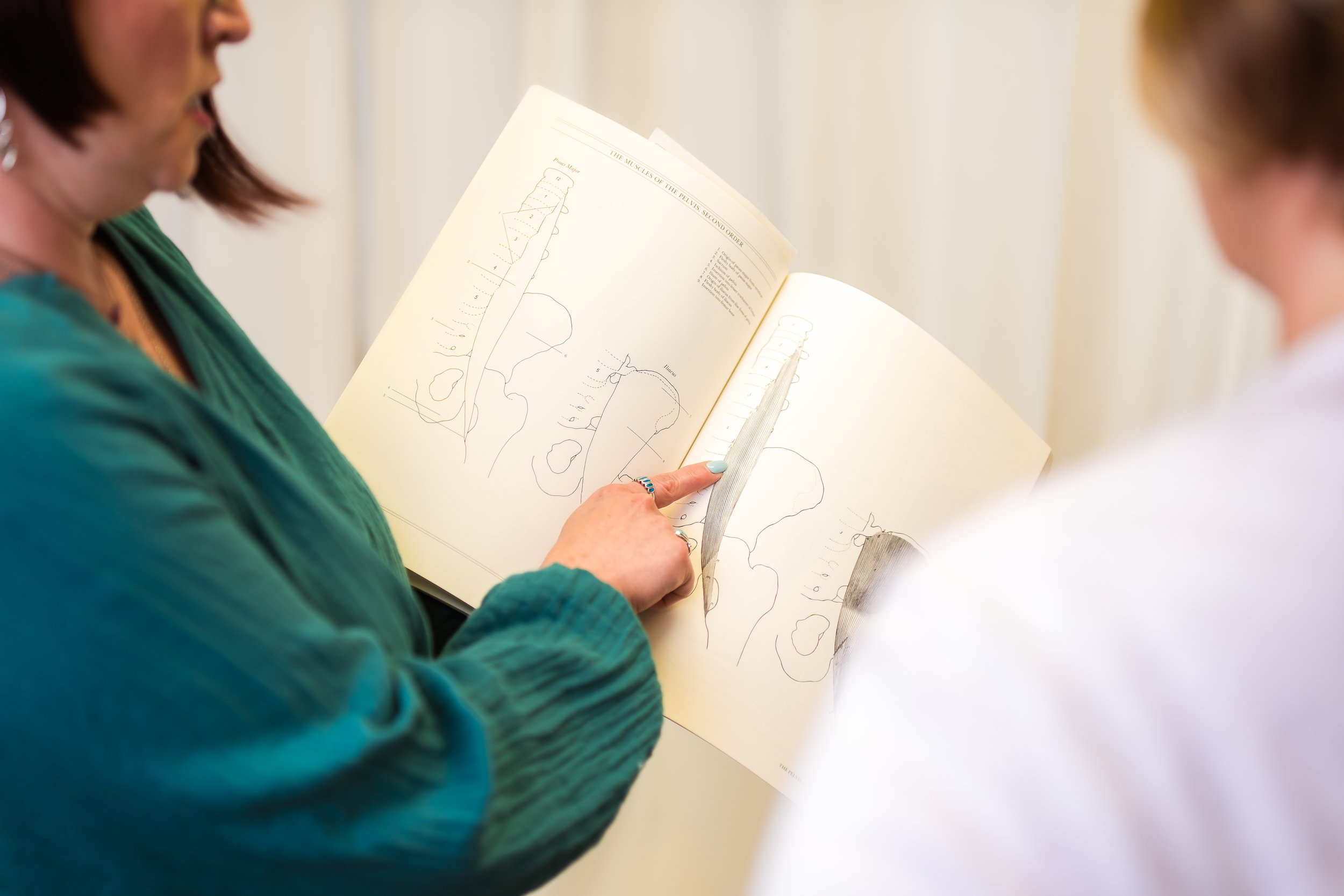 Body Mapping.  Voice Teacher showing anatomy picture to adult singer.