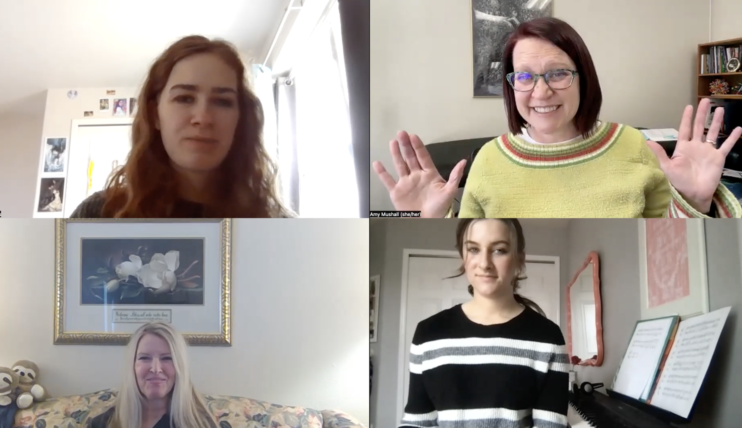 Online group class with four women of various ages.