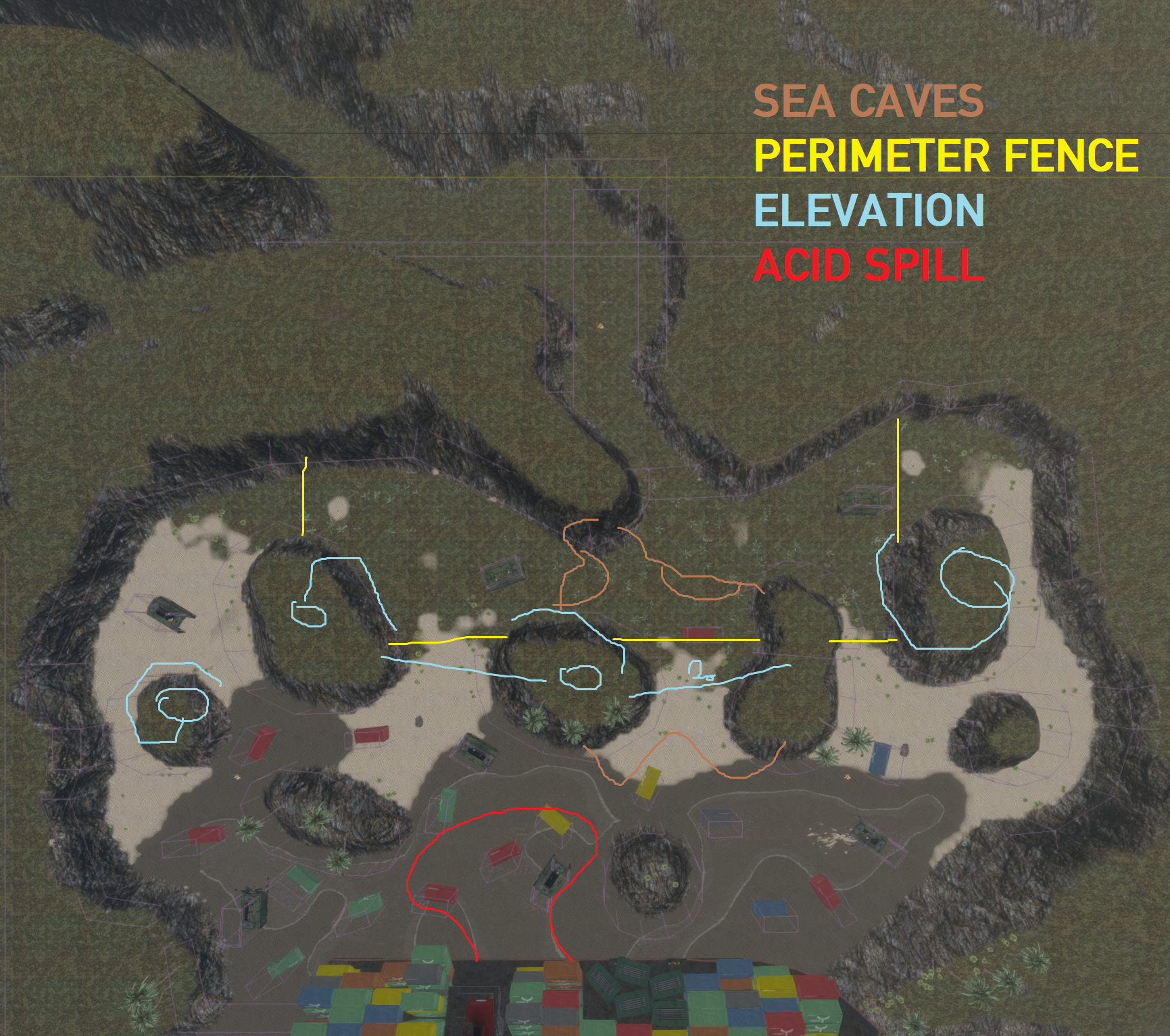 Basic layout sketch of the Rennaisance map, back when it still had chemicals leaking out of the cargo ship.