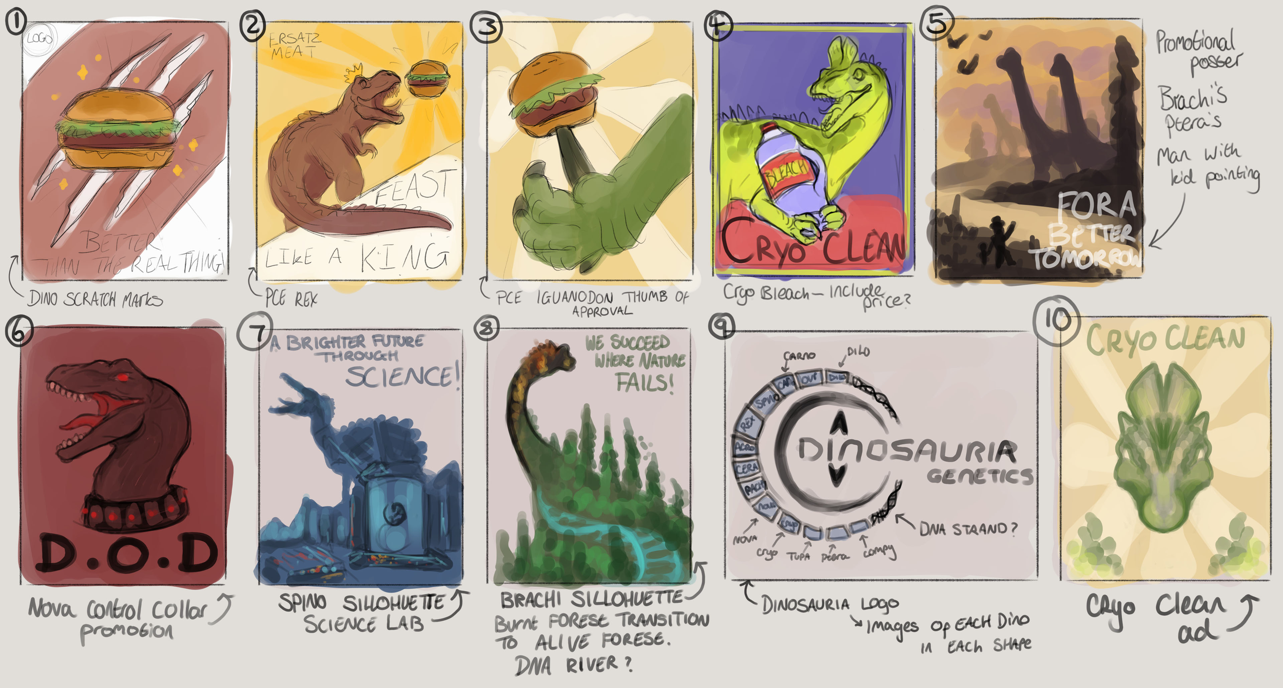 Various ideas for propaganda posters created to flesh out the company