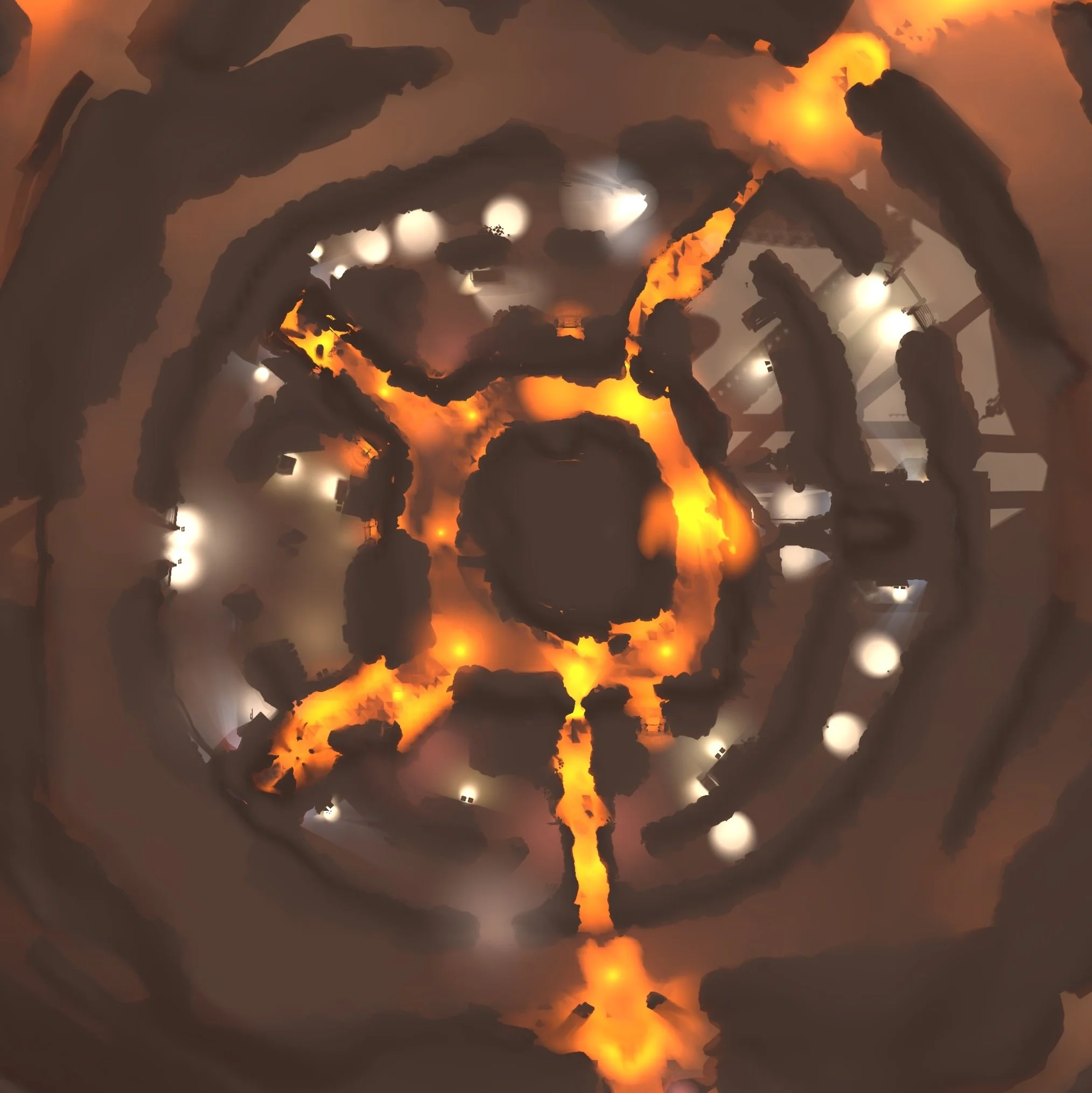 Lighting in UE3 is handled mainly by static textures, this overhead view of Geothermal shows just the lightmaps.