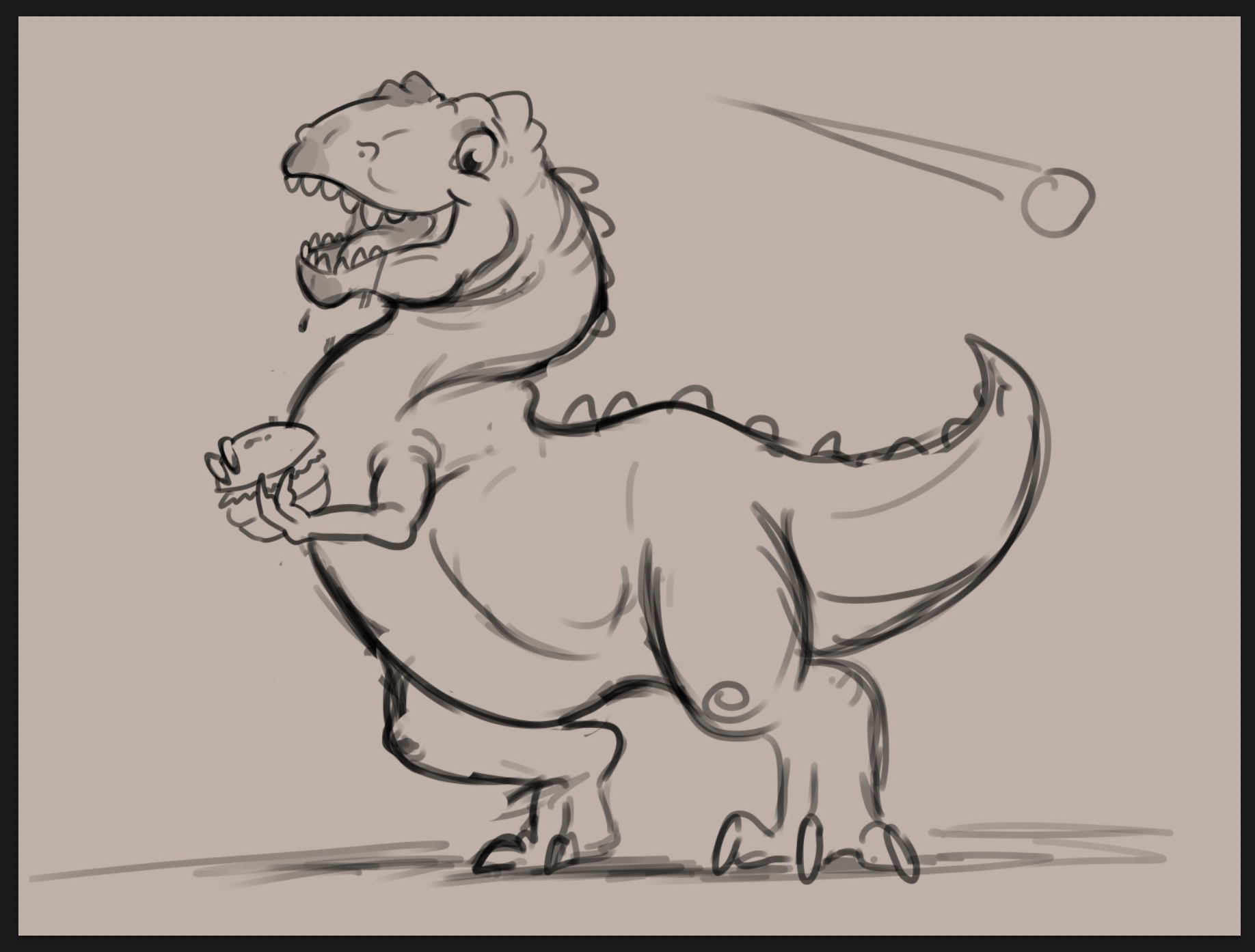 This tragically cute little cartoon Rex would be refined into the mascot of Ersatz Food.