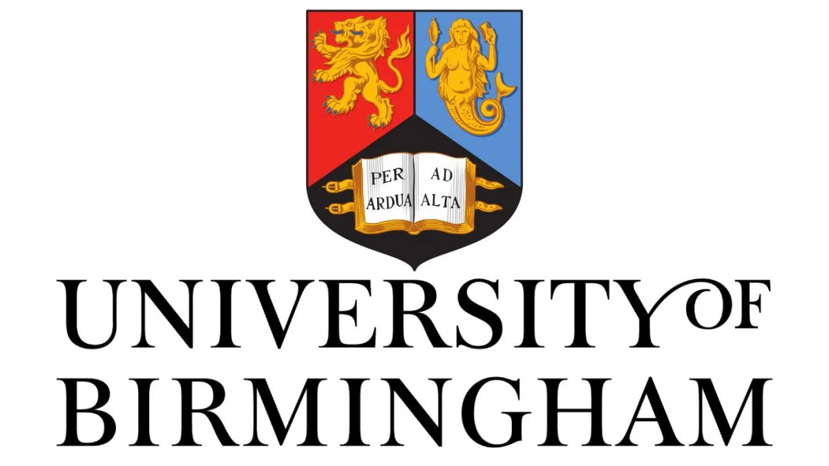 The university crest of the University of Birmingham, featuring a lion, a mermaid with a trident, an open book with the Latin motto 'Per Ardua Ad Alta', and the words 'University of Birmingham' below the crest.