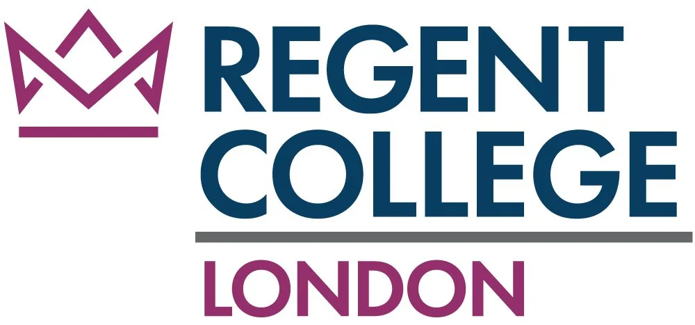 The logo of Regent College London featuring a purple crown icon and text in navy blue and purple.