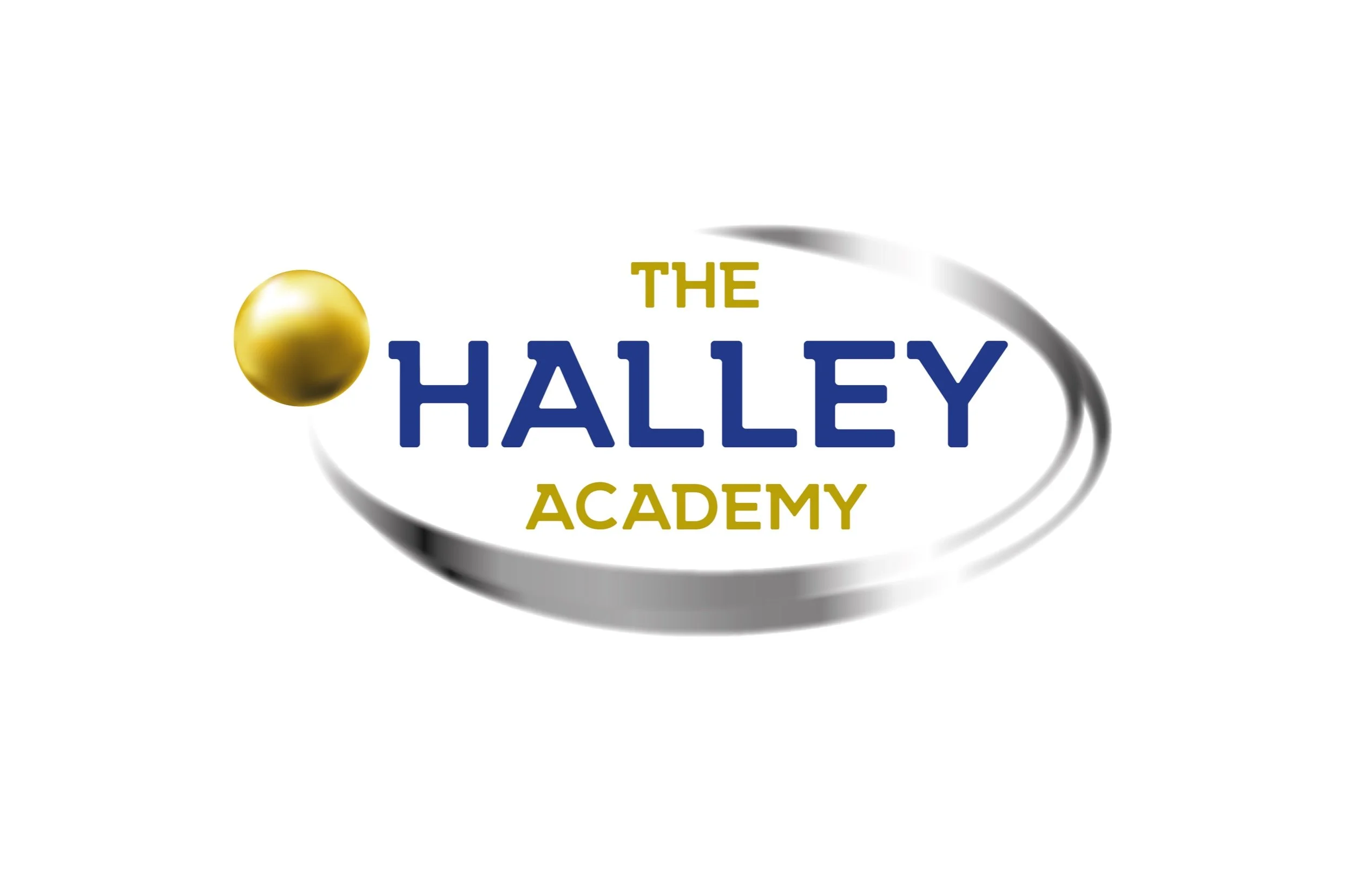 Logo for The Halley Academy featuring a gold sphere and blue and gold text.