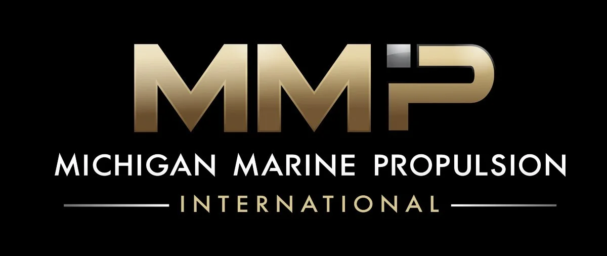 Logo with large metallic letters 'MMP', below that 'Michigan Marine Propulsion', and 'International' underneath, against a black background.