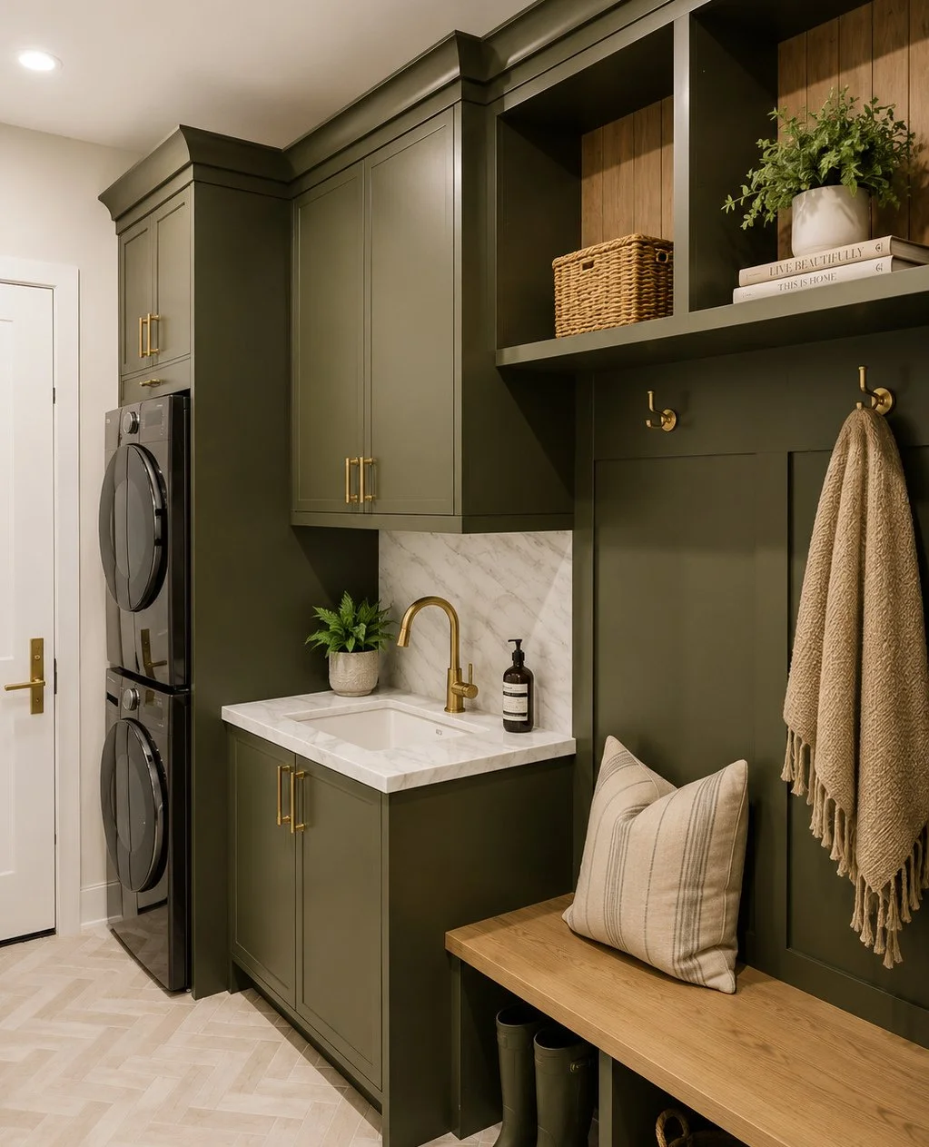 The everyday spaces deserve just as much thought. 🤍⁠
⁠
A mudroom designed for real life &mdash; conveniently located right off the garage with laundry built in, plenty of room to keep everything organized, and direct access to the backyard and pool.