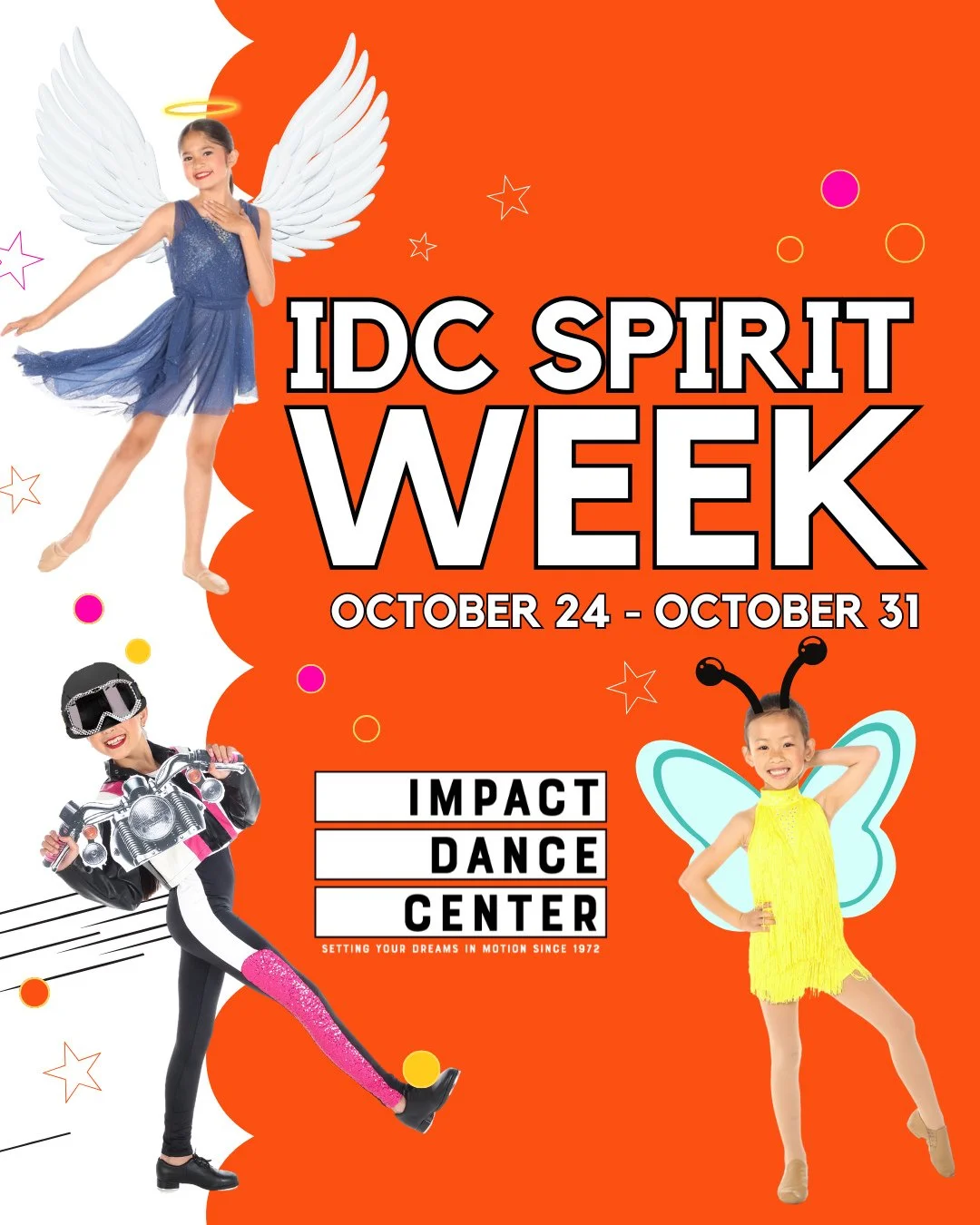 IDC Spirit Week is here! 👻✨⁠
⁠
Show off your spooky, silly, or super-spirited outfits in class from Oct 24&ndash;31. Don&rsquo;t forget to stop by the front desk in costume to enter our raffle for a chance to win $75 IDC merch credit!⁠
⁠
Morning cla