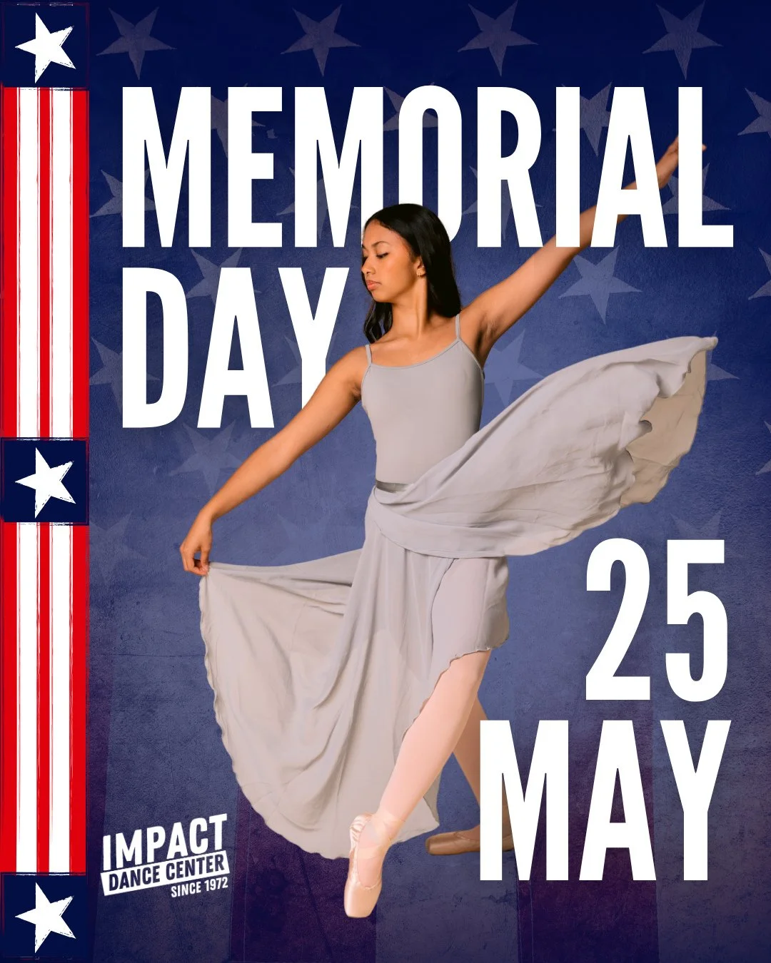 Today, we pause to remember and honor the brave men and women who gave their lives in service to our country. 🇺🇸⁠
⁠
Impact Dance Center is closed today in observance of Memorial Day as we reflect with gratitude on the sacrifices made for our freedo