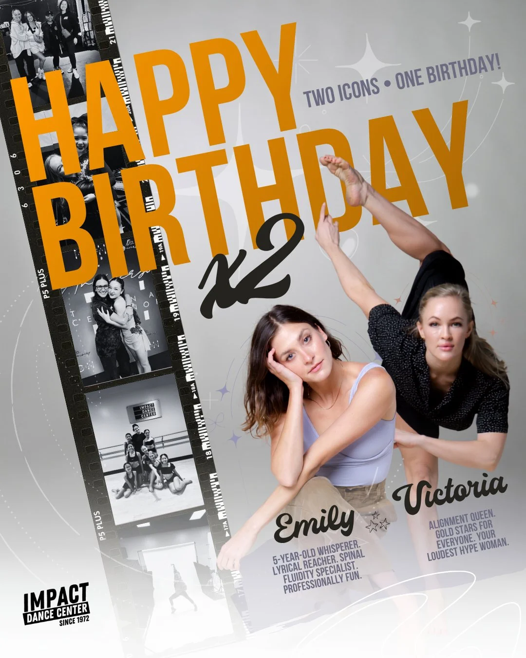 Happy birthday, Miss Emily + Miss Victoria! 🎂🎂⁠
5-year-old whisperers, lyrical reachers, alignment queens and gold-star givers. ⭐️ Both are VERY loud about how much they believe in you.⁠
⁠
We love you both. Happy birthday! 🧡💜