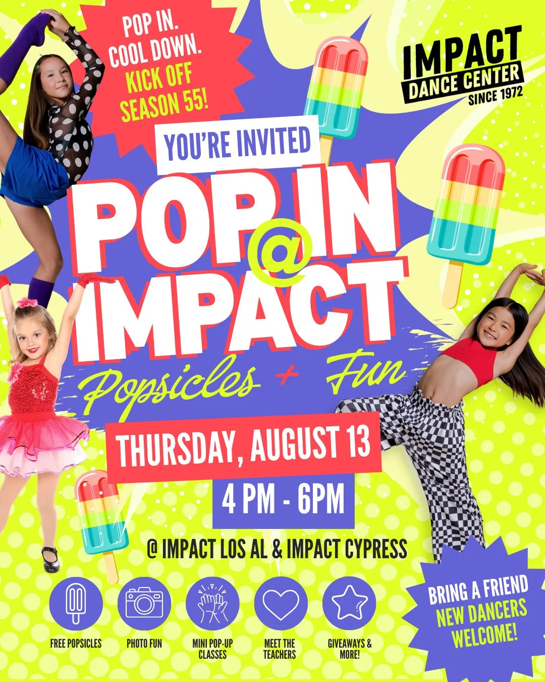 🍦 POP IN @ IMPACT IS BACK! 💜✨⁠
⁠
Season 55 is almost here, and we&rsquo;re kicking things off with something sweet!⁠
⁠
Join us for Pop In @ Impact, a casual popsicle party + open house for our entire community. Current dancers, returning families, 