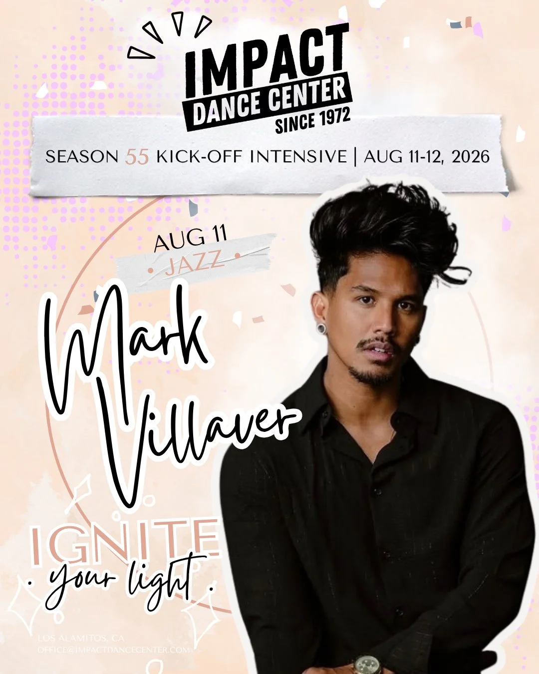 ✨ Season 55 Kick-Off Intensive &bull; Guest Faculty Announcement ✨⁠
From Hawaii ➡️ LA ➡️ three Taylor Swift world tours ➡️ and NOW... IMPACT! 🔥 Say hello to Mark Villaver, joining us Tuesday for a Jazz master class that we have a feeling is going to