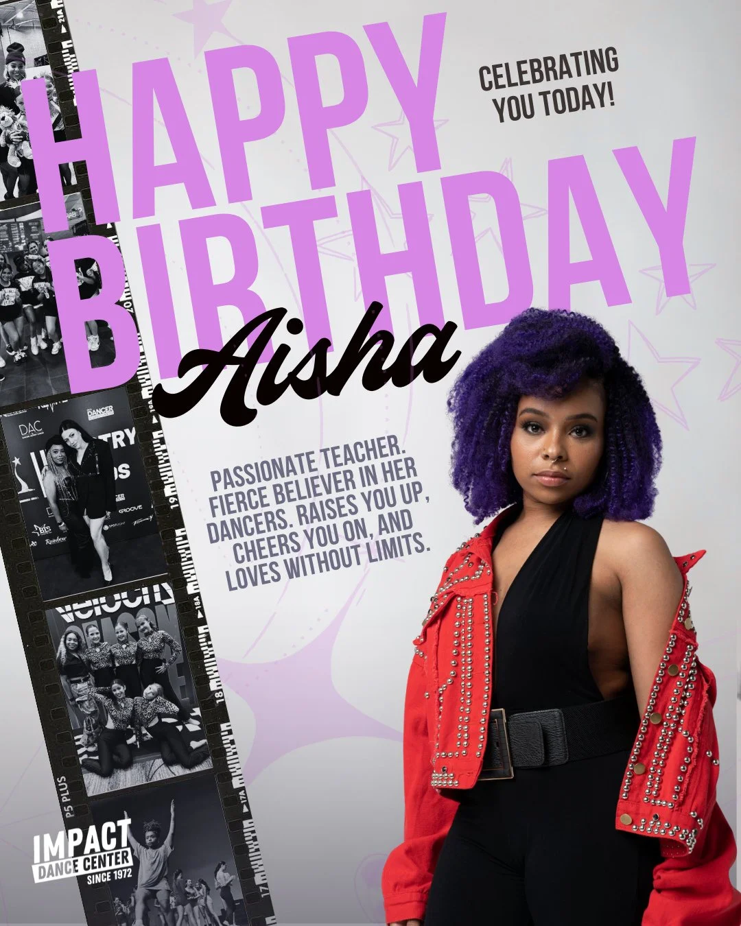 Happy birthday to the one and only Ms. Aisha! She pours belief and strength into her dancers until they begin to see themselves the way she sees them. We love you BIG, Aisha! Drop some birthday love for Ms. Aisha below! 🥳💜