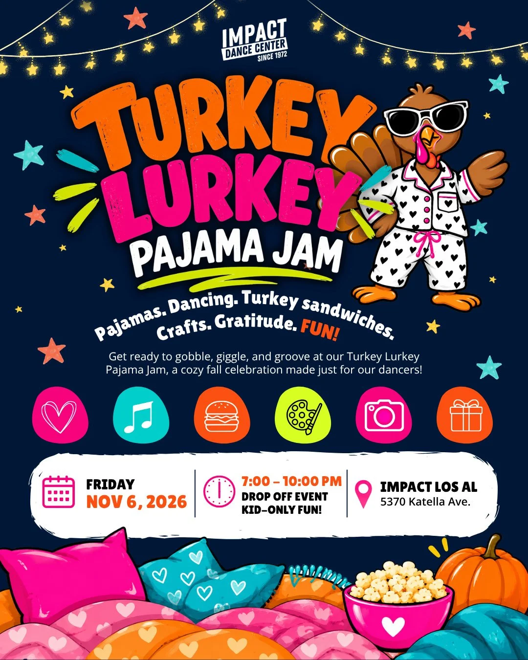 🦃 NEW EVENT: Turkey Lurkey Pajama Jam!⁠
⁠
Grab your favorite PJs and get ready to gobble, giggle, and groove!⁠
⁠
Join us for a cozy night of dancing, crafts, gratitude, turkey sandwiches, games, a special photo op, and plenty of festive fun.⁠
⁠
Frid