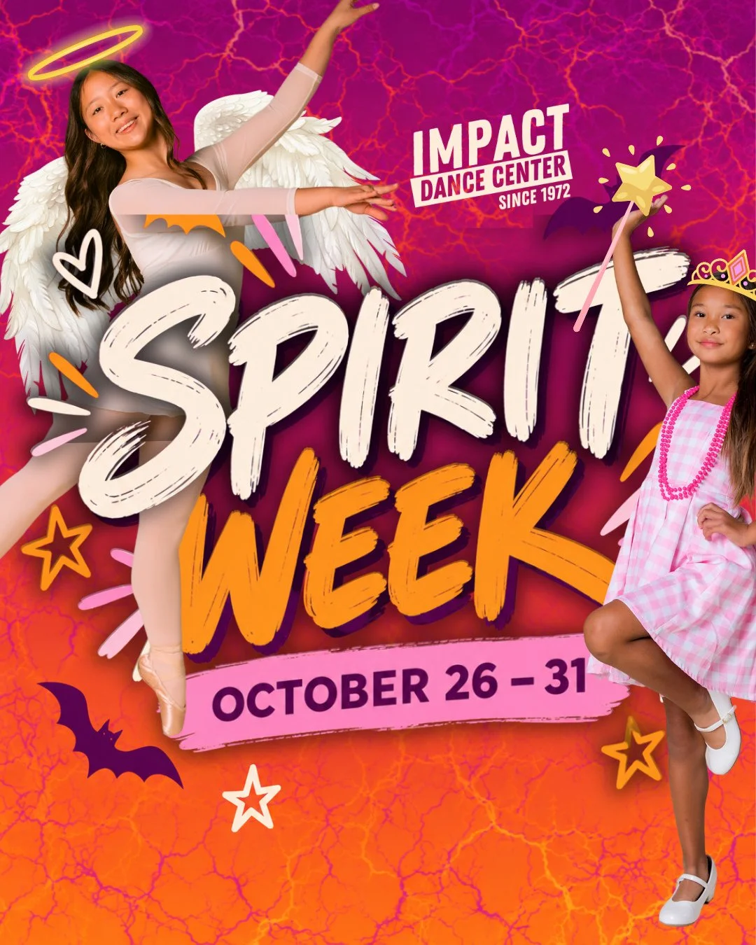 IDC SPIRIT WEEK STARTS TOMORROW! 🎃 ⁠
⁠
It's time to show your IDC spirit! 🧡⁠
⁠
October 26&ndash;31, dancers are invited to come to class in costumes, Halloween flair, or anything fun and festive! Get creative, have fun, and make sure your outfit is