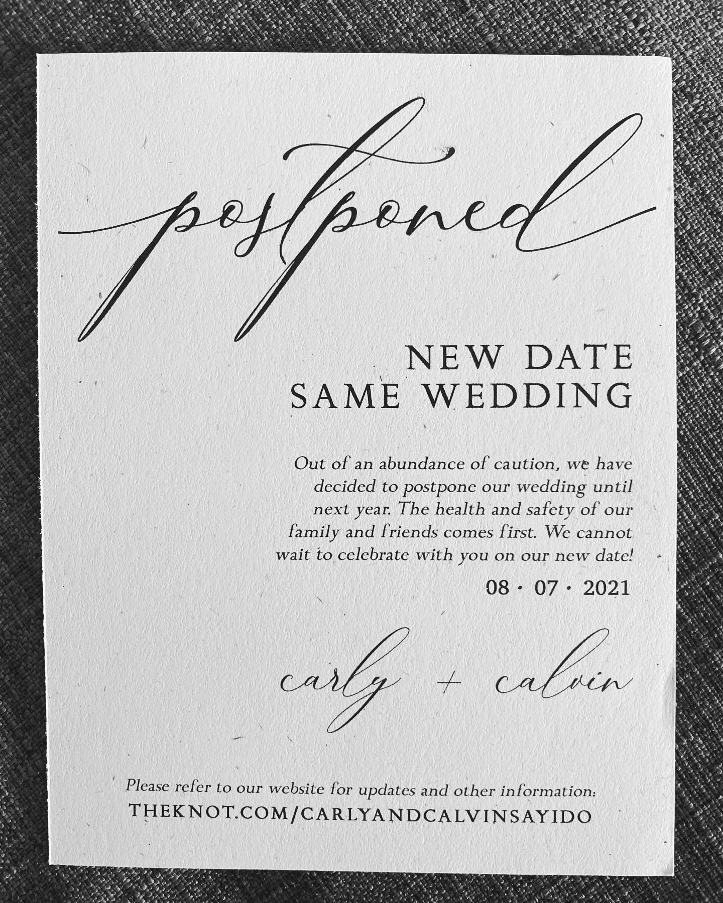 You know you planned a wedding during the pandemic when&hellip; postponement announcement 😅

Designed and printed in-house on pretty textured paper to match our invitation suites 🫶🏻